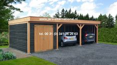 two cars are parked in the garage next to each other and one has a wooden roof