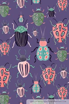 colorful bugs on purple background with pink, green and blue colors for wallpaper or fabric