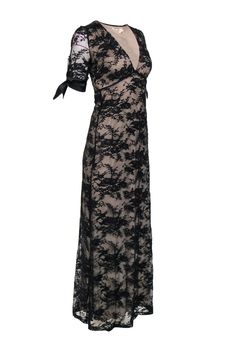 Get some dark lace in your closet today with this romantic gown from Night Cap! Made with a satin trim, this is a fitted-to-perfection frock to wear with all your favorite strappy sandals and a smudged dark lip for some gothic style that is sure to shake up any evening. Size XS 89% Polyamide, 8% Elastane, 3% Viscose V-neckline Short sheer sleeves with satin ties Lace overlay with contrasting lining Material provides stretch, no closures Waist 24" Bust 28" Total length 56" Goth Nightgown, Luxury Gothic Dress With Lace Trim, Vintage Nightgown Black, Black Sleeveless Nightgown With Lace Trim, Black Lace Nightgown Short, Short Sleeve Gown, Corp Goth, Romantic Gown, Dark Lip