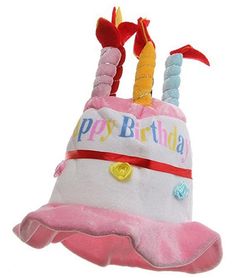 a pink birthday hat with candles sticking out of it's top and the words happy birthday on it