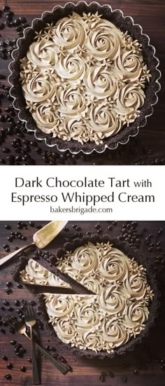 chocolate tart with espresso whipped cream in a pie pan on a wooden table