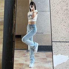 Waist Type: HIGH Thickness: Regular Style: Casual, Aesthtic, 90s Material: Cotton, Polyester Length: Full Length Jeans Style: Wide Leg Pants S: Waist - 62cm/ Hips - 80cm/ Length - 100cm M: Waist - 66cm/ Hips - 84cm/ Length - 101cm L: Waist - 70cm/ Hips - 88cm/ Length - 102cm XL: Waist - 74cm/ Hips - 92cm/ Length - 103cm Aesthetic Bottoms, Trousers Aesthetic, Womens Flare Jeans, Egirl Clothes, Plus Size Bodycon Dresses, Harajuku Outfits, Slim Denim, Boho Floral Dress, Punk Outfits