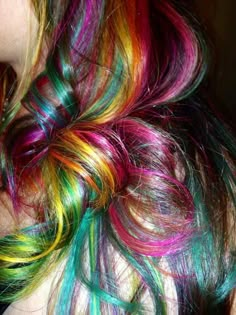 Punk Hair Dye, Rainbow Streaks In Hair, Unusual Hair Colours, Curly Rainbow Hair, Multicolor Highlights, Underdye Hair, Rainbow Highlights, Multicolor Hair