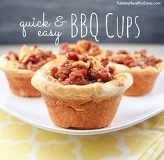 some tasty looking food on a white plate with the words quick and easy bbq cups