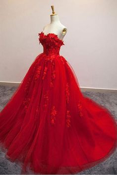 Sexy Red Sweetheart Strapless Ball Gown Applique Tulle Long Prom Dress,Party Dresses,N533 Red Long Prom Dress, Gaun Abad Pertengahan, Couture Dior, Burgundy Evening Dress, Red Ball Gown, Strapless Wedding Gown, Red Wedding Dress, Cheap Party Dresses, Floral Prom Dresses