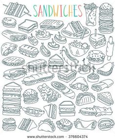 a drawing of sandwiches and other food on a white background with the words sandwiches written in multicolored letters