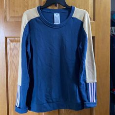 Nwt. Adidas Sweatshirt. Size L Blue Athleisure Tops With Three Stripes, Adidas Blue Tops With Three Stripes, Blue Adidas Tops With Three Stripes, Adidas Blue Three Stripes Top, Adidas Sporty Tops For Loungewear, Blue Color Block Athleisure Sweatshirt, Sporty Adidas Tops For Loungewear, Blue Color Block Sweatshirt Athleisure Style, Navy Color Block Crew Neck Top