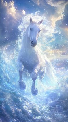 a white horse is running through the water with its head in the air and it's tail out