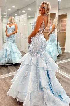 Mermaid Grad Dresses, Winter Court, Light Blue Prom, Prom Proposals, Trumpet Prom Dress, Tiered Prom Dress, Light Blue Prom Dress, Prom Inspo, Dresses Unique