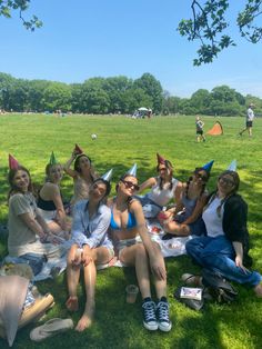 a group of young women sitting on top of a lush green field wearing party hats