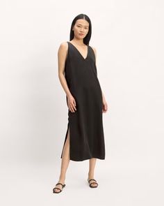 The TENCEL™ Midi Slip Dress Black – Everlane Sleek Summer Slip Dress With Side Slits, Chic Unlined V-neck Maxi Dress, V-neck Unlined Midi Dress, Chic V-neck Unlined Maxi Dress, Elegant V-neck Slip Dress For Vacation, Unlined V-neck Sleeveless Dress, Casual Sleeveless V-neck Dress For Work, V-neck Slip Dress With Side Slits For Summer, Chic V-neck Slip Dress With Side Slits