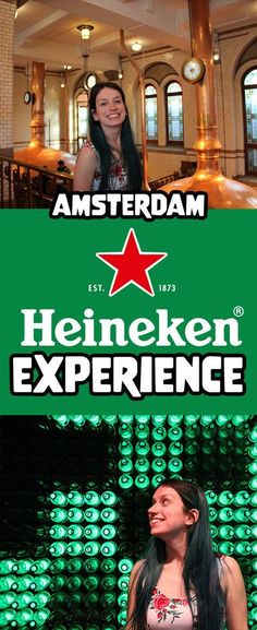 a woman standing in front of a green sign with the words heineken experience