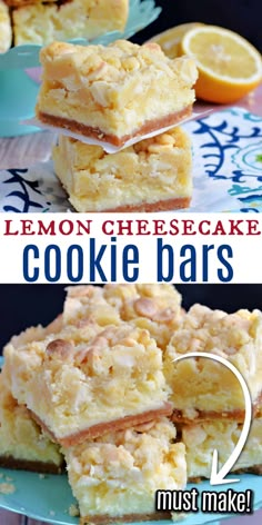 lemon cheesecake cookie bars stacked on top of each other with the title above it