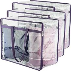 three clear storage bags with purple handles