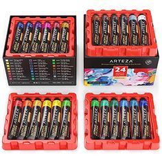 the box contains 24 different colors of artex crayons and one is red