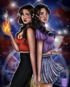 two women standing next to each other with fire in their hands and stars above them