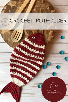 the crochet potholder is made with red and white yarn