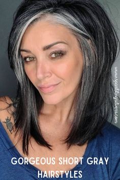 grey hairstyles Black And Grey Hair, Gray Hairstyles, Dark Hair With Highlights, Transition To Gray Hair