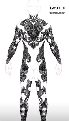 a man's body is shown in black and white, with intricate designs on it