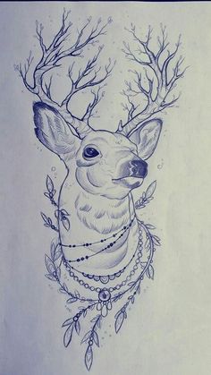 a drawing of a deer with antlers on it's head and chains around its neck