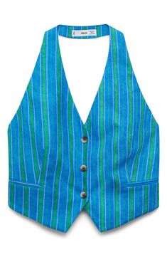 Perfect your next ensemble with this open-back halter vest made from a lightweight linen blend covered in vibrant stripes. Front button closure; ties at back Halter neck Front besom pockets Lined 55% linen, 45% viscose Dry clean or machine wash, line dry Imported Chic Striped Summer Vest, Spring Vacation Striped Halter Top, Summer Beach Linen Vest, Spring Linen Beach Vest, Halter Neck Top For Summer Workwear, Striped Fitted Halter Top For Summer, Fitted Striped Halter Top For Summer, Spring Striped Halter Top, Striped Halter Top For Spring And Summer