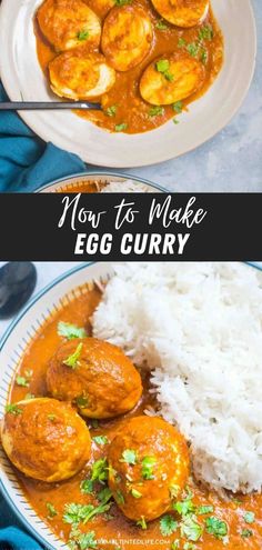 an egg curry is served with rice and garnished with parsley on the side