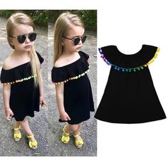 Adorable Cotton Black Dress With Colorful Pom Pom Fringe. Cute To Wear On Or Off The Shoulder. Black Spring Dress-up Dresses, Black Dress For Spring Dress-up, Playful Black Summer Dress, Cute Black Cotton Dress, Playful Black Cotton Dress, Princess Party Dress, Kids Wear Girls, Newborn Baby Girls, Girls Tutu Dresses