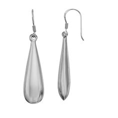 pair of silver earrings with tear shaped drop on the end and hooks hanging from each side