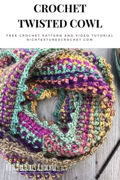 the crochet twisted cowl pattern is shown with text overlay