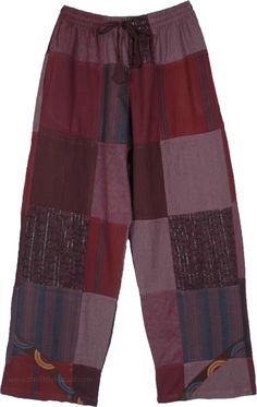 Patchwork cotton pants for summer, chic, boho, unrestricted and so enviro-friendly with its recycled patchwork design and a pocket on either side.  The coloration is mainly deep earthen tones of brown and maroon but also has some blue, purple, orange on different patchwork prints, etc. #tlb #Patchwork #vacationclothing #beachwrap #Handmade #Unisexbohopants #FestivalPants #patchworkpants #hippiecottonpants Purple Cotton Patchwork Bottoms, Purple Patchwork Cotton Bottoms, Recycled Patchwork, Pants For Summer, Maroon Outfit, Patchwork Pants, Festival Pants, Dark Maroon, Hippie Look