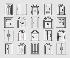 set of doors and windows in line art style on grey background illustration for design or decoration