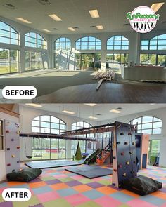 before and after photos of an indoor climbing gym