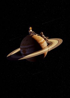 an artist's rendering of saturn with two people on it