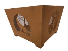 a brown box with two birds on the front and one bird on the back side