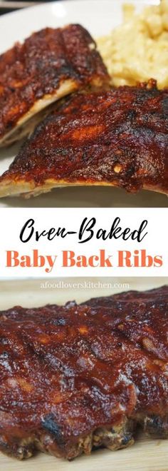 baby back ribs and macaroni on a plate with the words oven baked baby back ribs