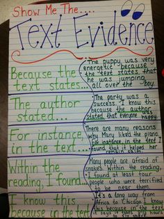 a piece of paper with writing on it that says, show me the text evidence