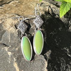 Green Oval Turquoise Drop Earrings with Deco Link, Sterling Silver Han Turquoise Drop Earrings, Green Oval, Creative Stuff, Green Turquoise, Stone Earrings, Ear Wire, Fine Silver, Ear Wires, Handmade Silver