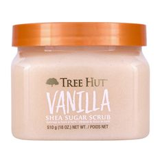 Scrub away the day and reveal soft, glowing skin with our Tree Hut Vanilla Shea Sugar Scrub! Made with real Sugar, Shea Butter, Vanilla, Colloidal Gold, and a blend of six natural oils, this body scrub deeply nourishes and balances skin's hydration to help restore skin's natural glow. The thoughtful ingredients work together to hydrate, renew, and smooth skin while removing dull, dry skin. Plus, our Vanilla Shea Sugar Scrub smells like warm, creamy vanilla bean with notes of smooth vanilla, warm Christmas Wishlist For Teens, Tree Hut Vanilla, Shea Sugar Scrub, Scrub Corpo, Sugar Body, Sugar Body Scrub, Skin Care Items, Tree Hut, Birthday Wishlist