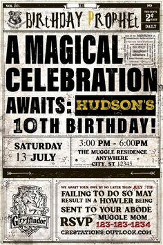 a birthday party flyer with an old newspaper design and typograms on it