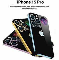 an advertisement for the iphone 15 pro is shown in three different colors and sizes,