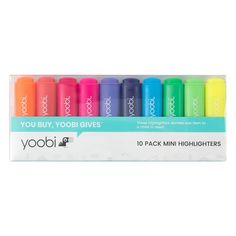 the yoobi mini highlighters are in a display box, with different colors