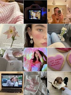 a collage of photos with pink and white flowers, hearts, people, pictures, and laptops