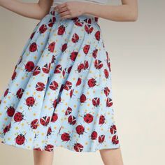 Hell Bunny, High Waisted, Retro, Skirt In Adorable Lady Bug Pattern. Retro Blue Flared Skirt Bottoms, Cute Fitted Blue Skirt, Cute Blue Skirt For Spring, Playful Flowy Skirt For Spring, Cute Fitted Light Blue Skirt, Playful Blue Cotton Skirt, Retro Knee-length Gathered Skirt Bottoms, Cute Lined Skirt, Cute Blue Lined Skirt Bottoms