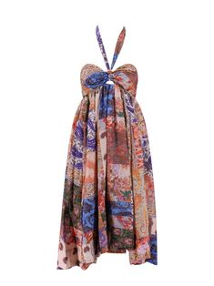 This enchanting silk Zimmermann dress showcases a vibrant patch paisley print, complemented by a sleeveless design and an adjustable bow detail for a personalized fit. The asymmetric bottom adds an artistic flair, perfect for making a statement at special events.

- Composition: 100% silk  
- Back zip closure  
- Available in standard numeric sizes Zimmermann Dress, Halter Maxi Dress, Halter Maxi, Halter Maxi Dresses, Bow Detail, The List, Paisley Print, Silk Dress, Special Events