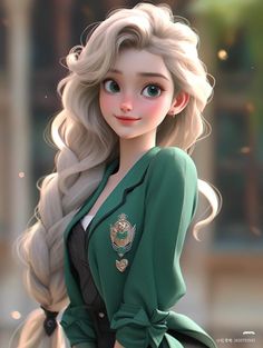 a cartoon girl with long blonde hair wearing a green jacket