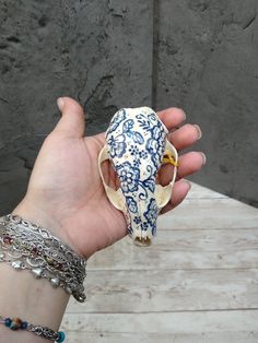 a hand holding a blue and white animal skull