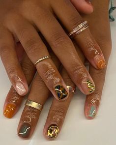 #cutenails#naildesign #naildesign New Year Inspired Nails, Nails For Africa, Oshun Nails, Short Nail Art Tutorial, Japanese Art Nails, Maximalist Nails Almond, Chrome Abstract Nails, Short Manicure Designs, How To Do Aura Nails