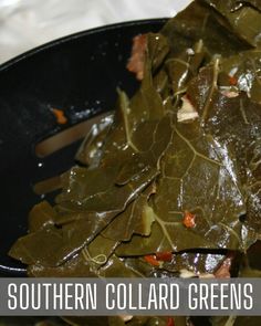 cooked collard greens in a skillet with the words southern collard greens