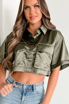 Mind Your Own Business Satin Crop Button-Down Top (Olive) · NanaMacs Mind Your Own Business, Cropped Button Down, Minding Your Own Business, Cuffed Sleeve, Flying Monkey Jeans, Juniors Jeans, Large Dress, Your Own Business, Jeans Size Chart