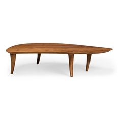 an oval wooden table with two legs and a curved design on the top, against a white background